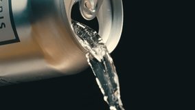 White wine or clear liquid pouring out of silver can in super slow motion, black background of canned drink at 4k 800fps - Powered by Shutterstock - Get 15% off with code: PIKWIZARD15