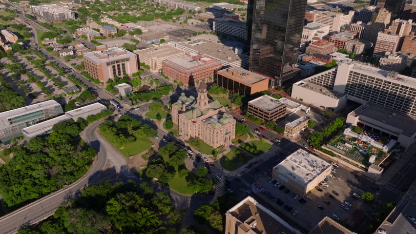 Aerial view of downtown Fort Worth, Texas with historic Tarrant County Court courthouse and cityscape under clear skies