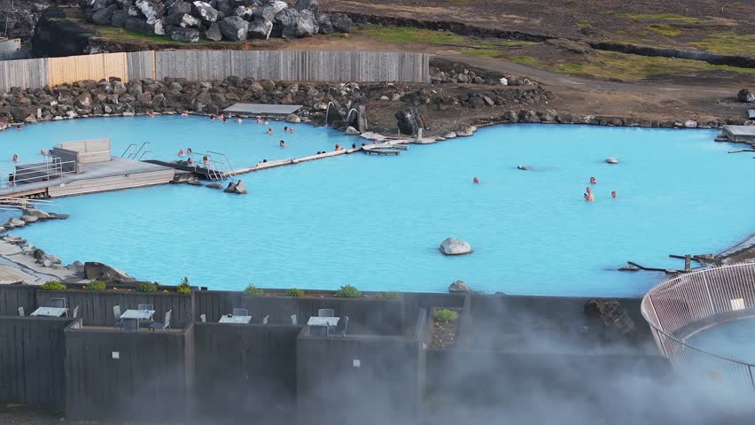 Aerial view of the Blue lagoon in Iceland. The most famous and popular SPA place in Iceland. Landscape from air. Vacation image. Blue and hot water in geothermal lake.