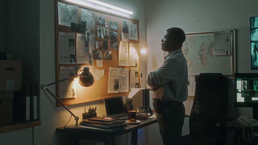 Medium full shot of African American federal agent standing in office in front of wall board with photos of murder scene and possible suspects, examining clues, while investigating homicide case