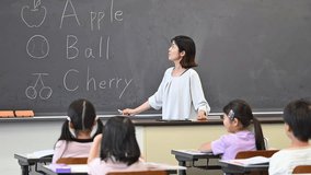Students and teacher raising their hands in a Japanese primary schools classroom. Communication in English class. Teacher and faceless children back video. - Powered by Shutterstock - Get 15% off with code: PIKWIZARD15