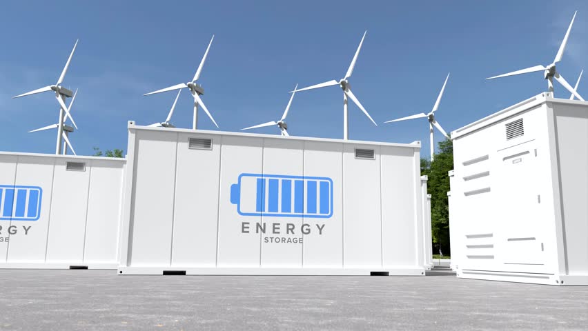 Energy storage systems with wind turbines, Green alternative energy, Net zero emissions concept.