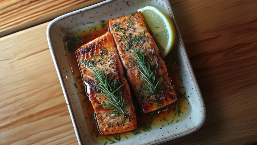 Top view of two perfectly grilled salmon fillets garnished with fresh rosemary and a lemon wedge, served in a ceramic dish.