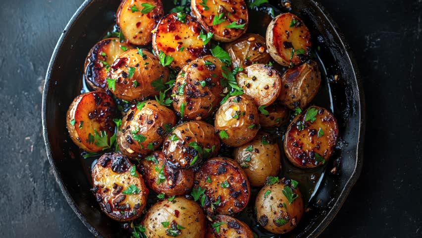A delicious close-up of crispy roasted potatoes garnished with herbs in a cast-iron skillet. Perfect for cooking, recipes, and food enthusiasts.