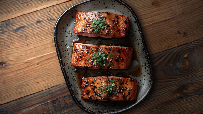Three beautifully grilled salmon filets topped with fresh herbs and sesame seeds on a rustic plate. Perfect for a gourmet seafood meal.