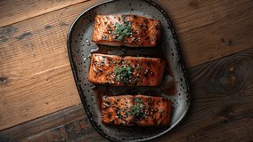 Three beautifully grilled salmon filets topped with fresh herbs and sesame seeds on a rustic plate. Perfect for a gourmet seafood meal. - Powered by Shutterstock - Get 15% off with code: PIKWIZARD15