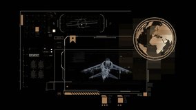 Jetfighter jet aircraft holographic structure on hud interface screen and world map on rotating globe with complex infographic elements. Abstract and futuristic vfx - Powered by Shutterstock - Get 15% off with code: PIKWIZARD15