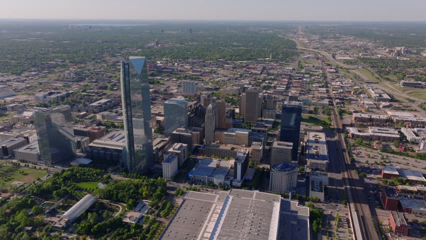Modern architecture and urban landscape of Oklahoma City from above, capturing its stunning skyline on a clear day