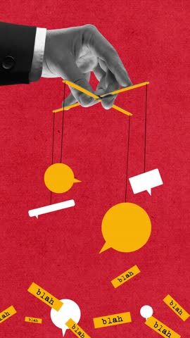 Male hand holding strings connected to speech bubbles symbolizing control over news and information. Stop motion, animation. Concept of propaganda, manipulation, social pressure. Creative design