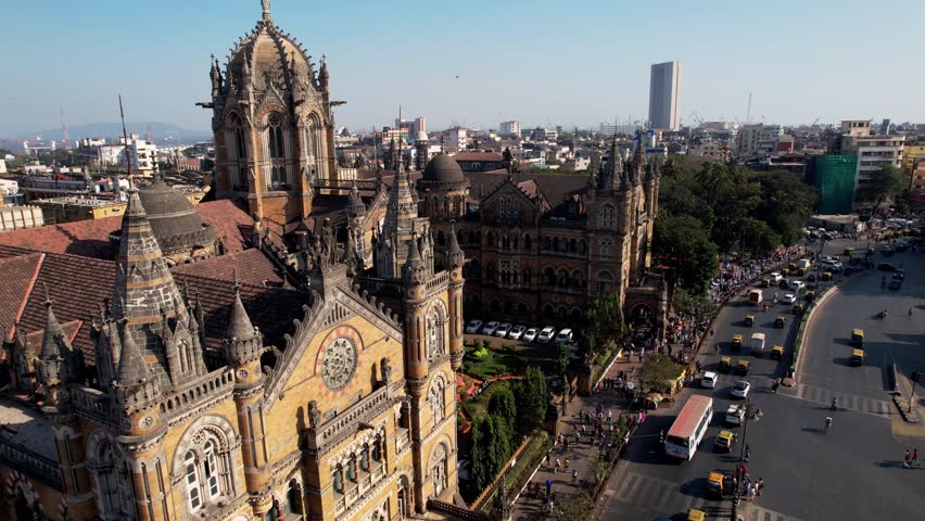 Chhatrapati Shivaji Terminus formerly Victoria Terminus in Mumbai, India, Aerial View. UNESCO World Heritage Site and historic railway station which serves as the headquarters of the Central Railway.