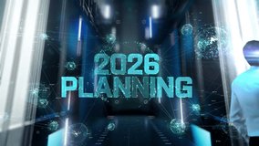 2026 Planning. Man in Futuristic Office Interior Moving and Activating Hologram. - Powered by Shutterstock - Get 15% off with code: PIKWIZARD15