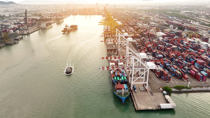 Cargo customs sea port. load container to cargo ship at commercial dock port. Shipyard Cargo Container Sea Port Freight forwarding service logistics and transportation. International Shipping 