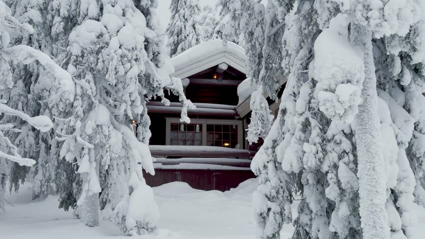 Typical snow-covered Lappish houses in the Iso-Syote area. Ski slopes, winter sports. Relaxation and lots of snow in the southern part of Lapland. Typical houses. Snow-covered trees.