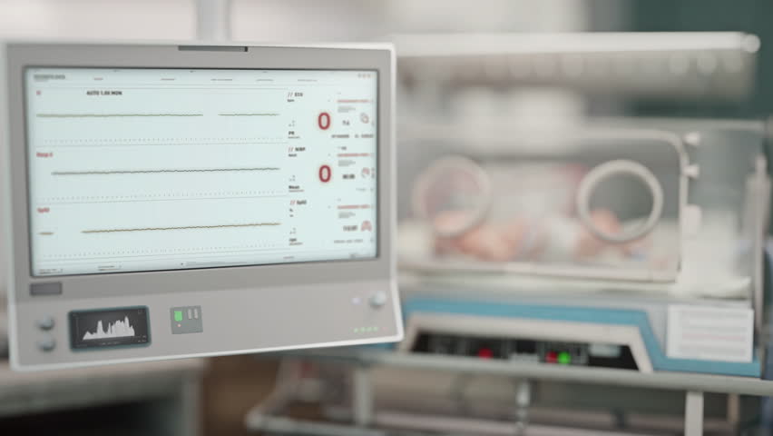 Monitoring patient vitals signs at the healthcare facility. Monitoring technology shows the deterioration of patient life vitals. Vitals Monitoring Equipment Confirming sick patient death.