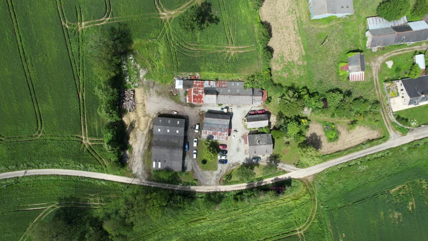 aerial drone descent view of a 100 year old farm in the middle of green wheat fields with a road nearby, you can see the tractor and cut trees