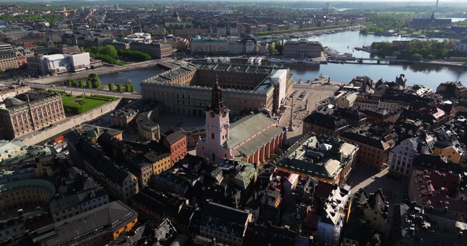 Cinematic Orbiting Drone Shot Above The Great Church (Storkyrkan), Stockholm Cathedral