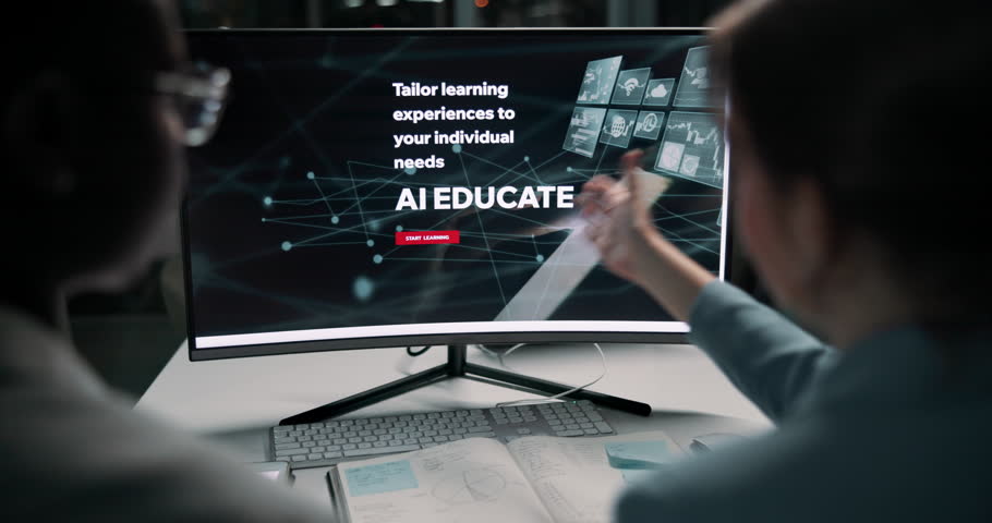 Hands, computer screen and education for ai in office, night and teamwork for course development. People, partner and monitor with e learning, ux and futuristic programming for studying at IT college