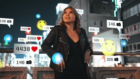 Young female Asian model casually leaning on a railing and enjoying the bright lights of a big city at night surrounded by digital icons from social media, life of an influencer, content creator - Powered by Shutterstock - Get 15% off with code: PIKWIZARD15