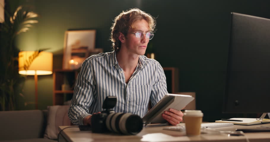 Night, office and man with tablet for editor, photographer or online design with tech, software or scroll. Computer, photography or editing with digital app for creative research, production or ideas