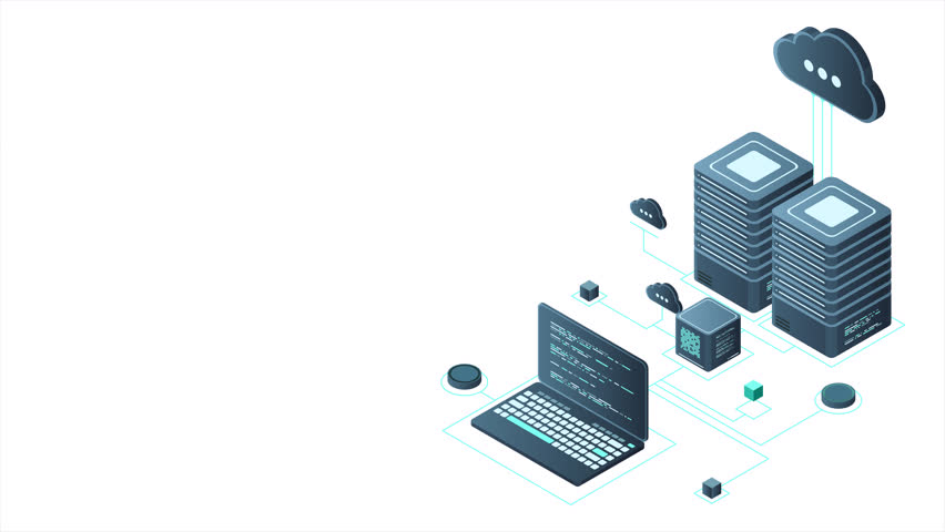 Isometric computer technology animation. Computation of big data center. Cloud computing. Online devices upload and download information. 4K video animated in isometric style