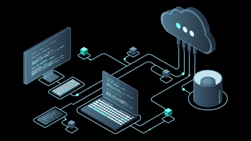 Cloud technology computing animation. Modern cloud technology. Data center isometric concept. Isometric cloud technology with datacenter. Web hosting concept. Transparent background with alpha channel