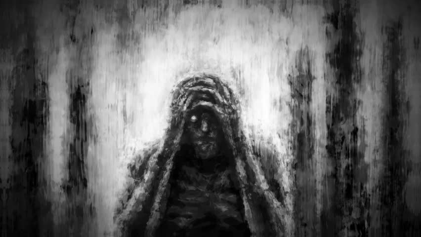 Sinful man experiences an eternity of punishment. Scary grunge 2D animation. Journey inside the mind. Creepy visions of hell. Horror fantasy genre. Apocalyptic doomsday theme. Motion graphics.