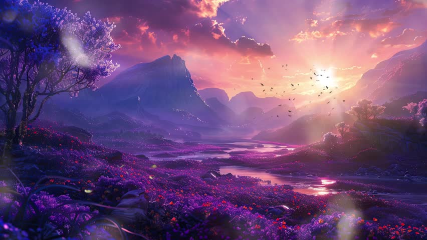 beautiful sunset of nature landscape background. cartoon style seamless looping time-lapse virtual 4k video animation background.