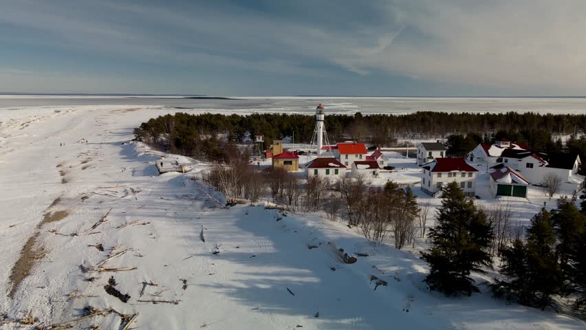 Aerial view of Michigan White fish point light house in upper peninsula.