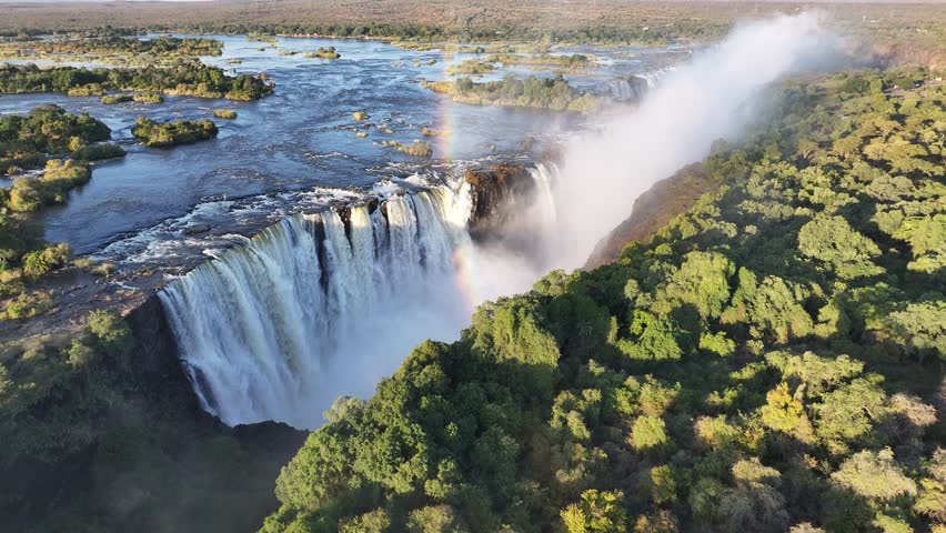 Victoria Falls At Livingstone In Northern Rhodesia Zambia. Nature Waterfall. Zambezi River Landscape. Livingstone At Northern Rhodesia Zambia. Southern Africa. Tourism Travel.