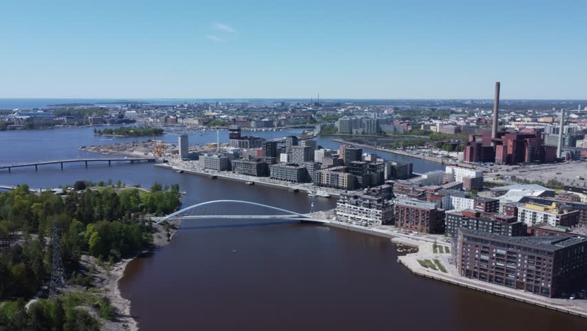 Flyover Baltic Sea inlets in Helsinki, Finland: Isoisansilta Bridge
