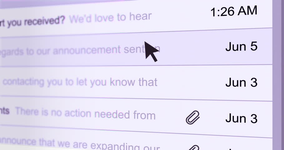 Looking over list of emails, scrolling mail list on computer, mail ...