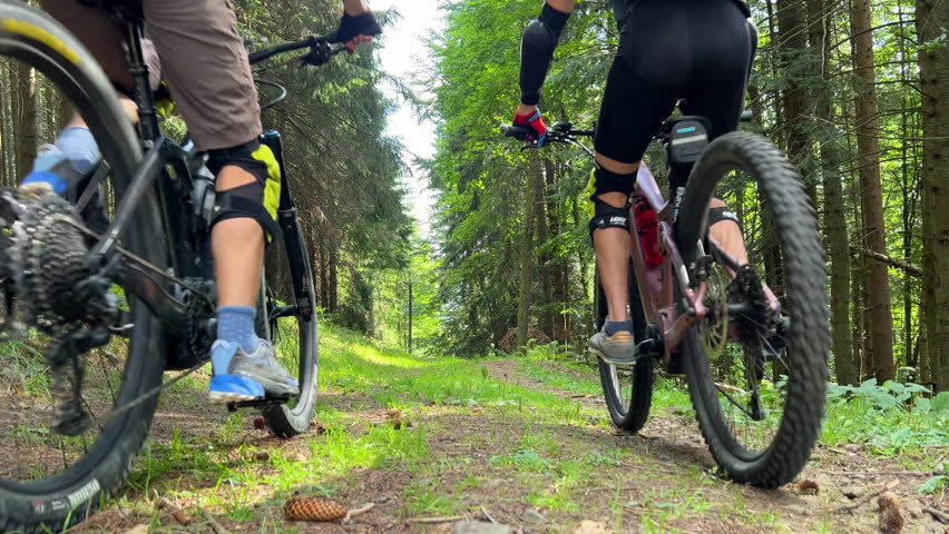 Two cyclists men riding electric bikes outdoors. Back view of male tourists biking in the mountains, wearing helmets and backpacks. Concept of sport, active leisure and nature.