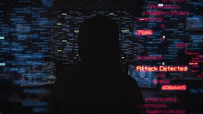 Dolly out of Hacker Working in Augmented Reality or Metaverse. Several Holograms with Cybersecurity Keywords and Binary code Animations. Worm Detected, Security Breach, System Hacked - Powered by Shutterstock - Get 15% off with code: PIKWIZARD15