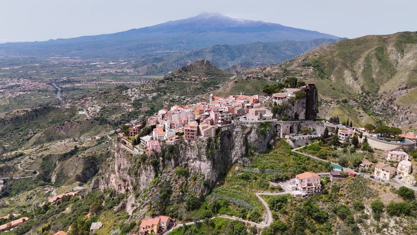 Drone view of Castelmola, comune in eastern Sicily, Italy