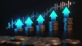 A hand stacks coins as a digital graph and arrows indicate financial growth and positive investment trends. - Powered by Shutterstock - Get 15% off with code: PIKWIZARD15