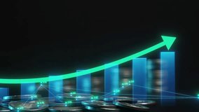 Glowing bar graph with upward arrow over coins, representing financial growth, investment success, and positive market trends. - Powered by Shutterstock - Get 15% off with code: PIKWIZARD15