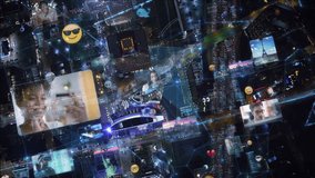 Aerial Futuristic Over Head view High Tech City with FX Economy Financial Charts, Emoji, Connections and Social Media Interfaces. Networks, Signals, Connections Passing Through Streets. Shot in 8K. - Powered by Shutterstock - Get 15% off with code: PIKWIZARD15