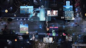 Great Aerial View of Futuristic City With Holographic Graphs, Charts, Social Media Interface, Emoji and Information Columns Fly Over City Downtown. Social Network Application Platform. Influencers. - Powered by Shutterstock - Get 15% off with code: PIKWIZARD15