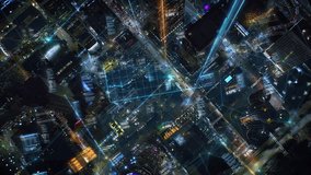 Great Aerial View of Futuristic City With Holographic Graphs and Charts. Hyper Connected Financial District With Animated Augmented Reality Elements. Over Head At Night. Augmented Reality. - Powered by Shutterstock - Get 15% off with code: PIKWIZARD15