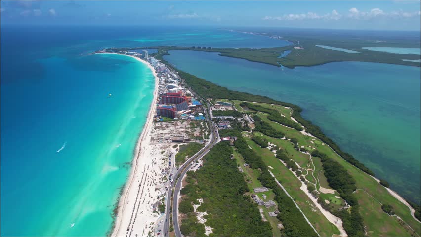 Aerial view of Cancun Hotel Zone from el Mirador