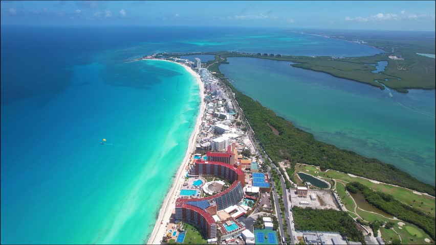 Aerial view of Cancun Hotel Zone from el Mirador