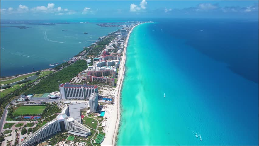 Aerial view of Cancun Hotel Zone from el Mirador