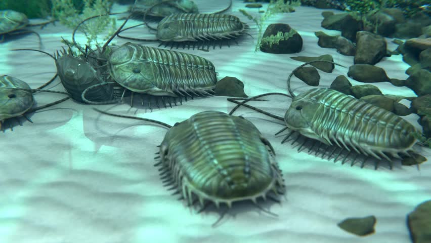 A 3D animation of extinct Trilobites scavenging on the seafloor.