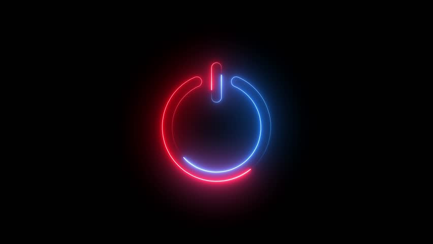 Glowing neon power reset button icon sign animation.