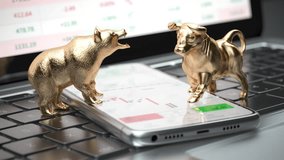 Bull and bear symbols of stock market on a smartphone with stock market data application. 3D Illustration - Powered by Shutterstock - Get 15% off with code: PIKWIZARD15