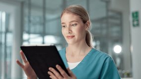 Healthcare, nurse and woman with tablet for research, medical info and results. Connection, online consultation and female surgeon with digital for diagnosis, treatment and telehealth in hospital - Powered by Shutterstock - Get 15% off with code: PIKWIZARD15