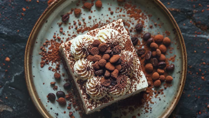 Close-up of a beautifully presented tiramisu dessert with rich chocolate toppings, whipped cream, and coffee beans on a rustic plate.