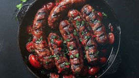 Juicy grilled sausages garnished with herbs and cherry tomatoes in a cast iron skillet. Perfect for a hearty, flavorful meal. - Powered by Shutterstock - Get 15% off with code: PIKWIZARD15