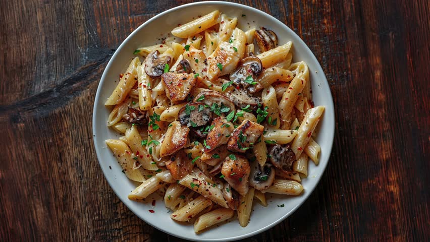 Close-up of a plate of penne pasta with grilled chicken, mushrooms, and fresh herbs. Perfect for a cozy dinner or Italian cuisine inspiration.