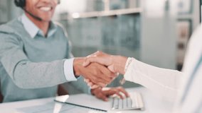 Businessman, consultant and handshake with client for agreement, b2b or deal together at office. Closeup of man or agent shaking hands in call center for meeting, greeting or thank you at workplace - Powered by Shutterstock - Get 15% off with code: PIKWIZARD15